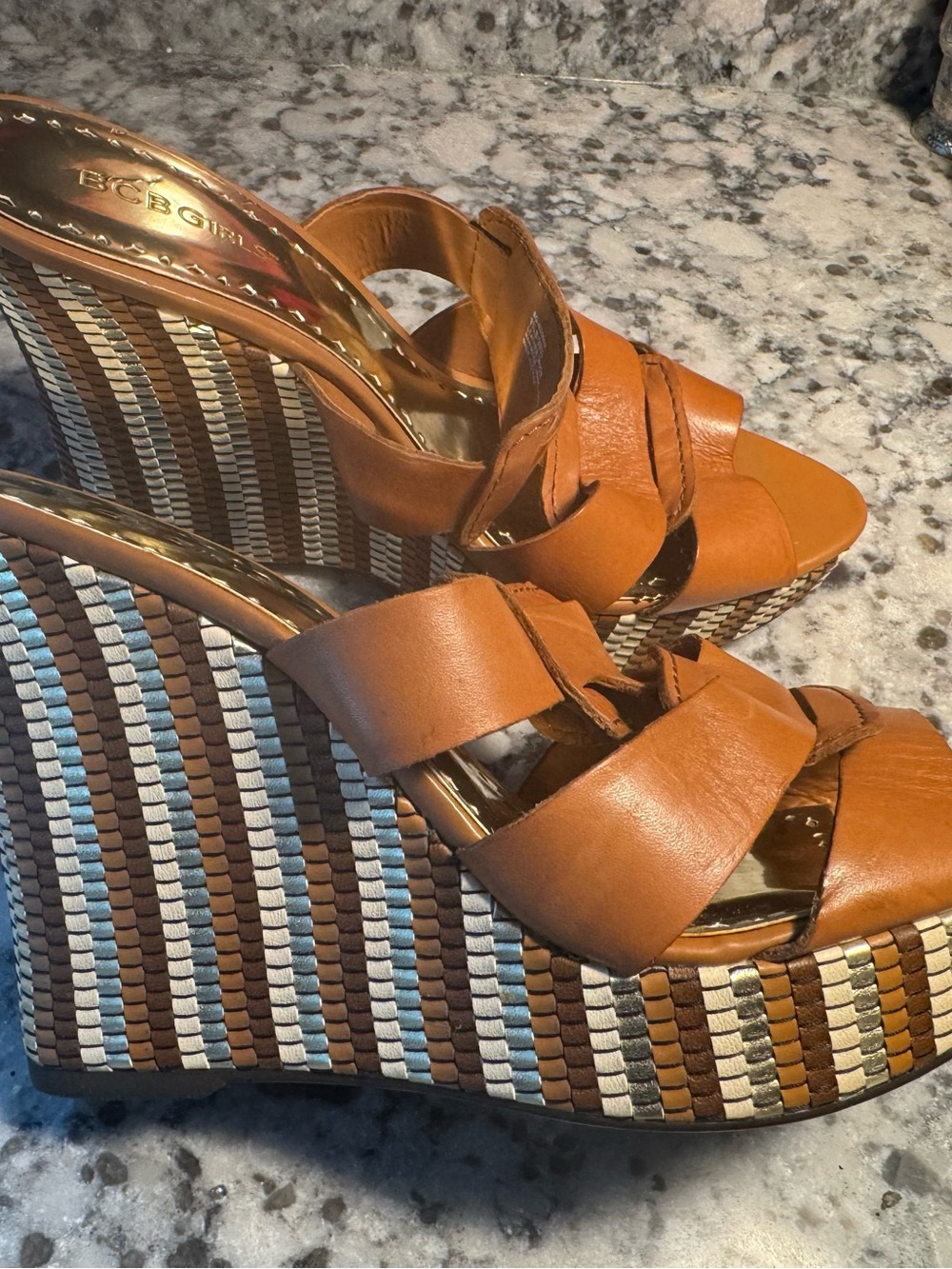 BCBGirls Roman Brown Leather Woven Platform Wedge Sandals